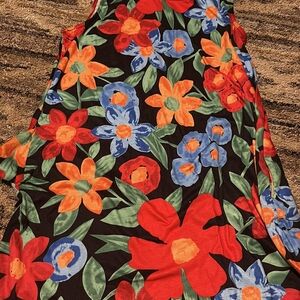 Bold Floral Sleeveless Dress - Black Background with Red, Orange & Blue Flowers